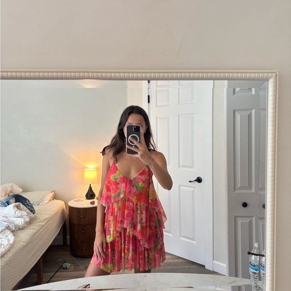 Zara Pink and Green Floral Mini Dress